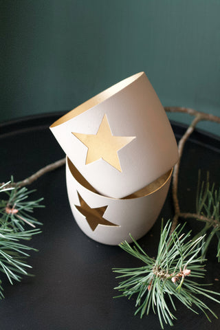 Metall Deko Teelicht mit ausgestanztem Sternmotiv in Taupe und Gold, Weihnachtsschmuck