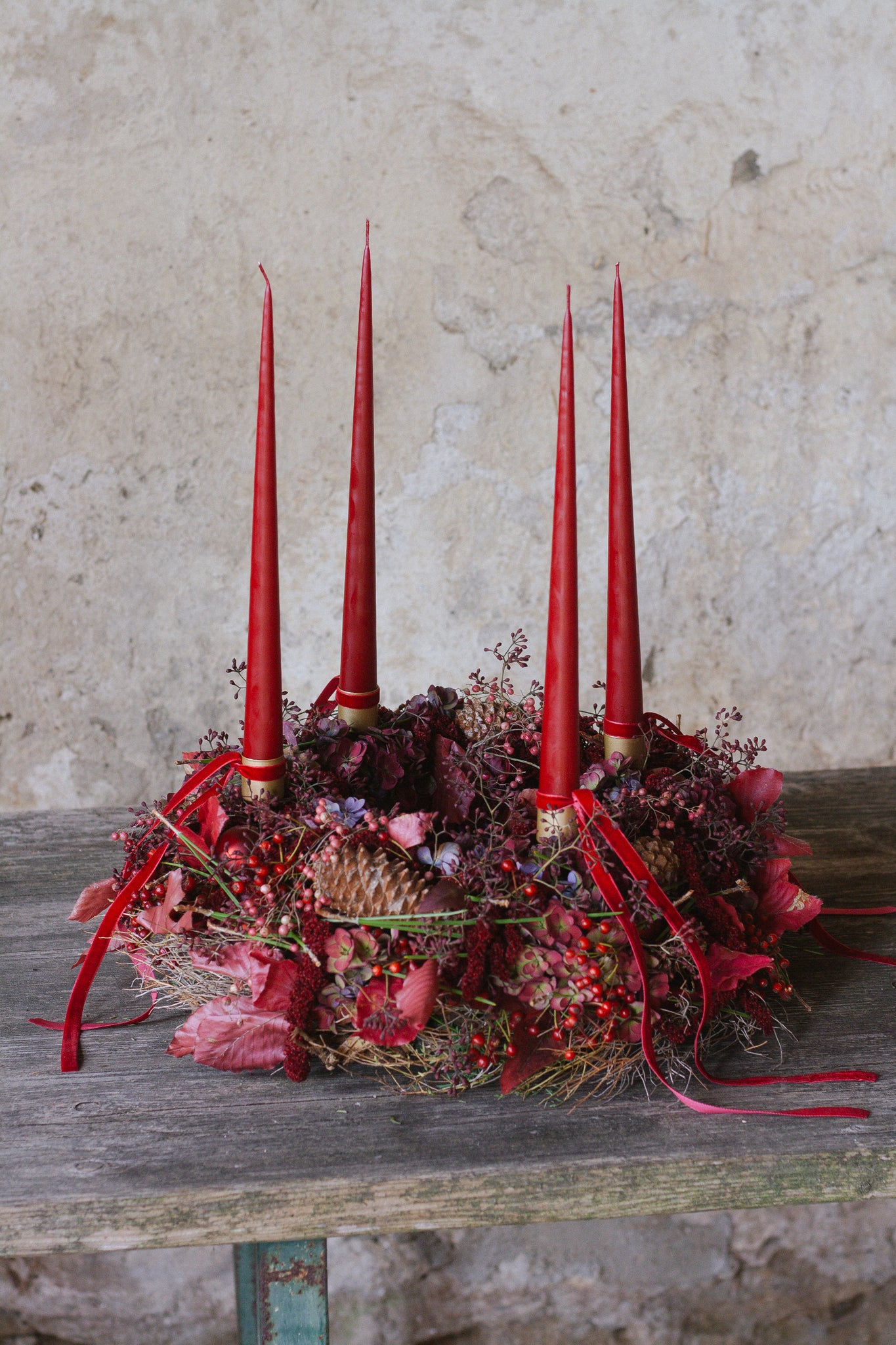 EINZELSTÜCK sofort Versandbereit// klassischer Adventskranz in Kaminrot mit Kerzen und natürlicher Deko